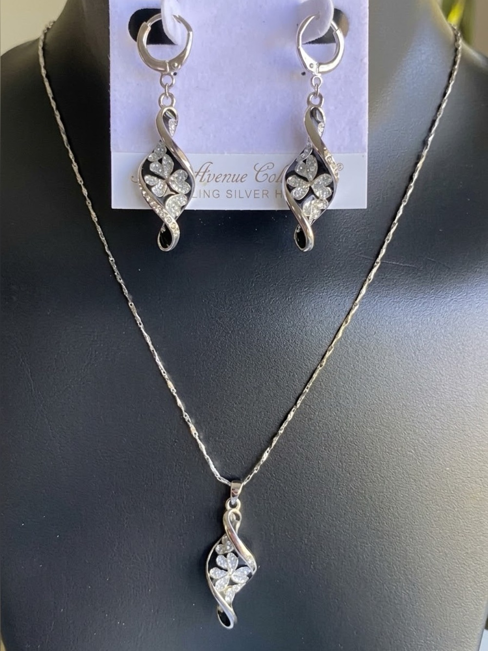 Fifth Avenue Swarovski Crystal Black Enamel Swirl Clover Necklace & Earrings Set